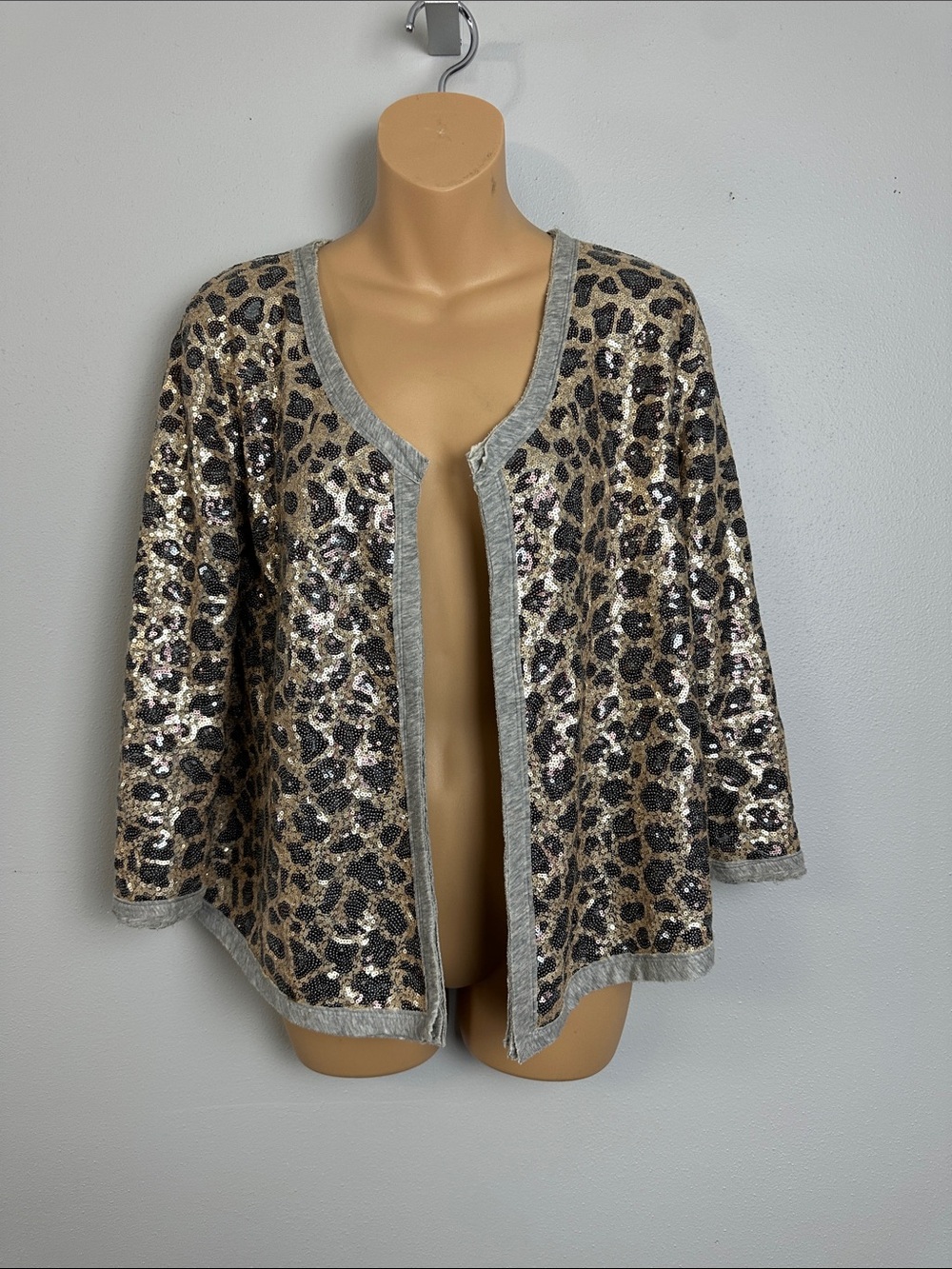 Calypso St. Barth Sequined Animal Print Open Front 3/4 Sleeve Knit Cardigan